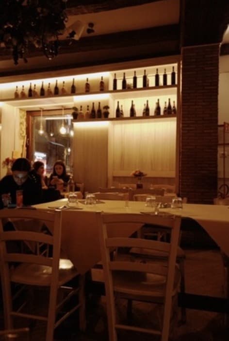 A warmly lit trattoria with wine bottles on the shelves